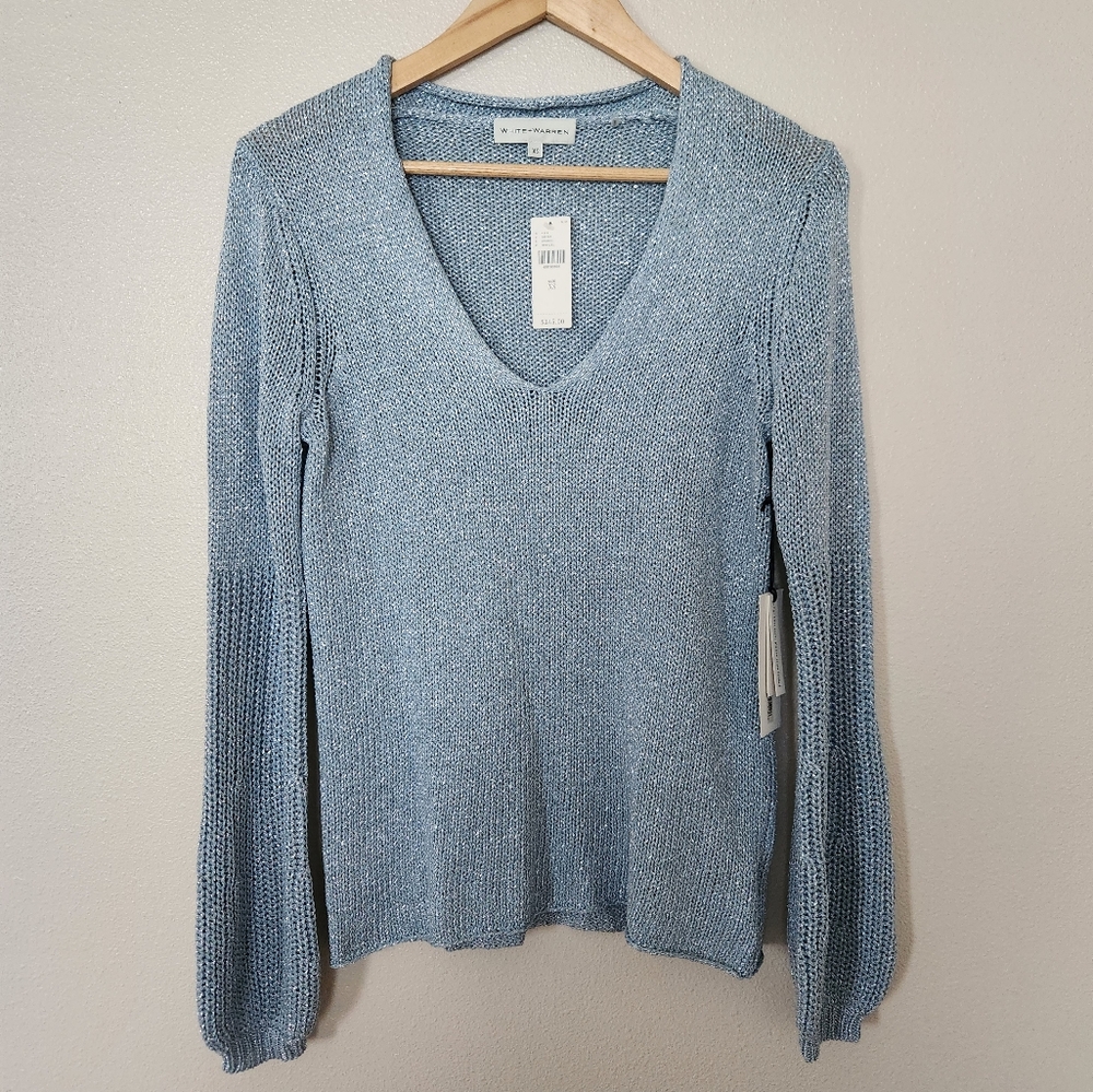 White + Warren Shine Blouson Sleeve V Neck